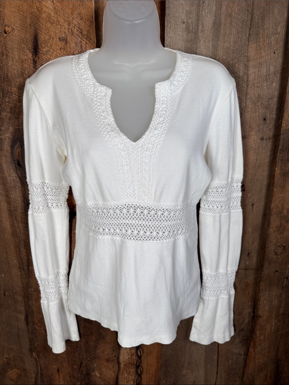 Prana Women's White Crochet-Trim Long Sleeve Knit Top